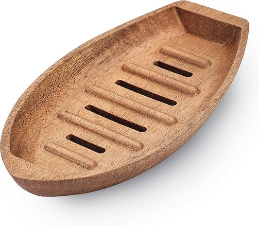 Acacia Wooden Soap Dish with Self Draining, Funny and Modern Multi Shape Design, Soap Holder for Sink Countertop, Shower & Bathroom Soap Tray。 (Boat-5.9"x3.74"x0.86")