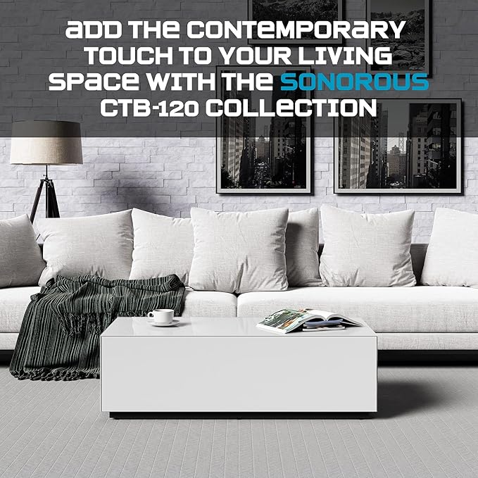 SONOROUS Premium Tempered Glass Coffee Table - Modern White Rectangular Coffee Tables for Living Room - High Gloss Fingerprint Resistant Mid Century Design - Stylish Living Room Furniture & Décor