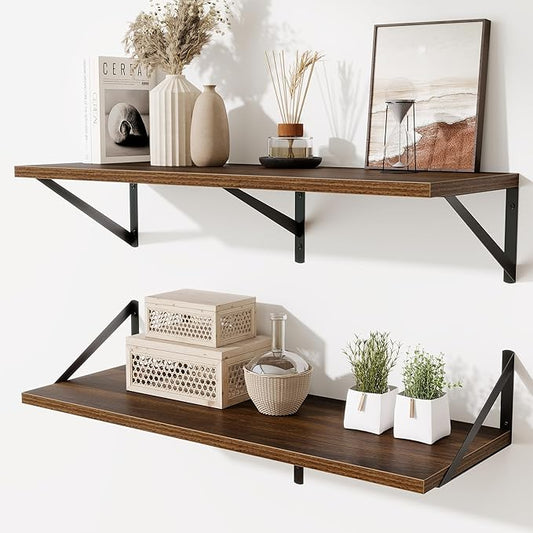 Floating Shelf for Wall,32" WX10 D Wood Floating Shelves with Sturdy Metal Bracket Set of 2,Wall Mounted Hanging Shelf for Bathroom,Bedroom,Kitchen,Walnut