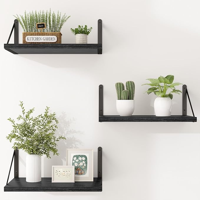 Heimlove Floating Shelves for Wall Set of 3,Light Wood Wall Mounted Bookshelf Decorative Shelf for Living Room Bathroom Bedroom Kitchen Laundry Pictures Plants Books Cats TV,Black