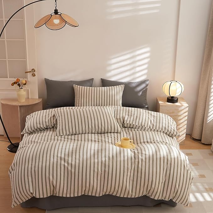 VM VOUGEMARKET Grey Striped Duvet Cover Set Queen 100% Washed Cotton Bedding Set 3 Piece Grey White Stripes Comforter/Quilt Cover with Zipper Closure Corner Ties,Modern Cozy for Boys Men