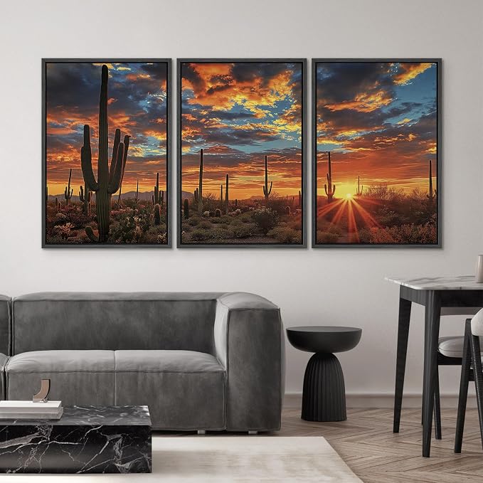 SIGNWIN Framed Canvas Print Wall Art Set Desert Cactus Sunset Landscape Illustrations Modern Art Decorative Chic Calm/Zen for Living Room, Bedroom, Office - 24"x36"x3 BLACK