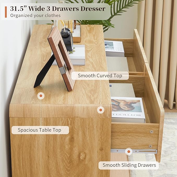 BERRYMERRY Flute 3 Drawer Dresser,31.5" Wide Dresser Nightstand for Bedroom,Mid Century Modern Wood Chest of Drawer with Curved Profile,Large Nightstand with 3 Drawer for Closet