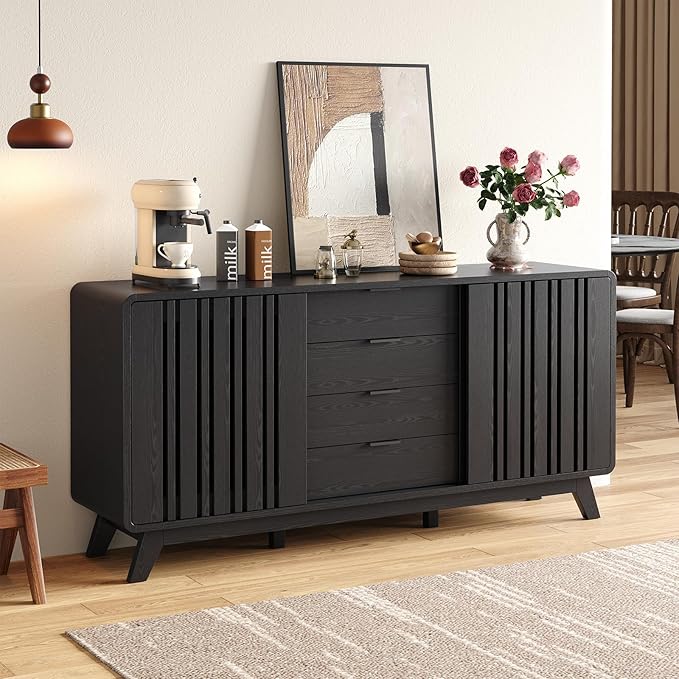 ONBRILL Sideboard Buffet Cabinet with Storage, Fluted Buffet Cabinet with Sliding Doors & 4 Drawers, Mid Century Modern Coffee Bar Wine Bar Credenza for Living Room, Kitchen (Black)