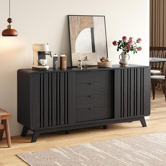 ONBRILL Sideboard Buffet Cabinet with Storage, Fluted Buffet Cabinet with Sliding Doors & 4 Drawers, Mid Century Modern Coffee Bar Wine Bar Credenza for Living Room, Kitchen (Black)