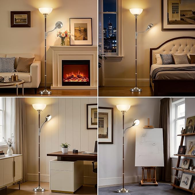EJIAXIN Wood Floor Lamp for Living Room - Walnut Torchiere Floor Lamps for Bedroom Standing Lamp with Glass Shade - Mid Century Modern Corner Tall Lamps for Home Office Nursery Reading Light,2 Head