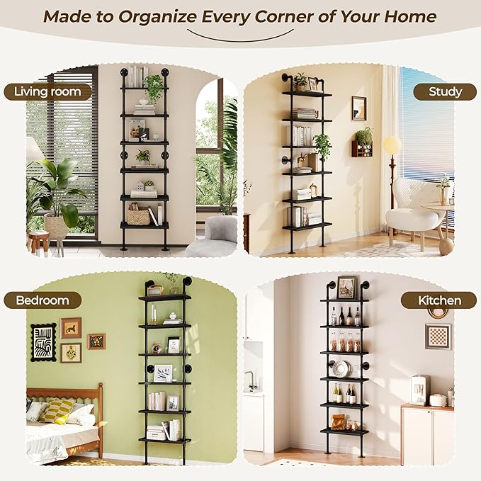 Industrial Ladder Pipe Shelves, Wall Mounted Wood Metal Rustic Bookshelf for Living Room (Black, 6 Tier - 10" D x 24" W x 82.5" H)