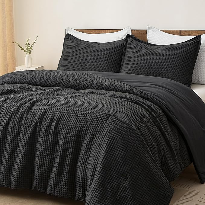 PHF Ultra Soft Waffle Weave Comforter Set Twin Size, 2 Pieces Lightweight Breathable Comfy Bedding Set, Comfy Textured 1 Comforter with 1 Pillow Shams, Black