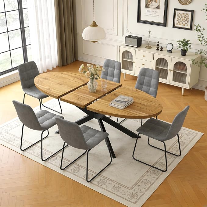 63"-78.7" Extendable Round Dining Table Set for 6, 7 Piece Mid Century Modern Oval Kitchen Table Set, Large Dining Table with 6 Dining Chairs for Living Room Space Saving（Walnut Table+6 Grey Chairs)