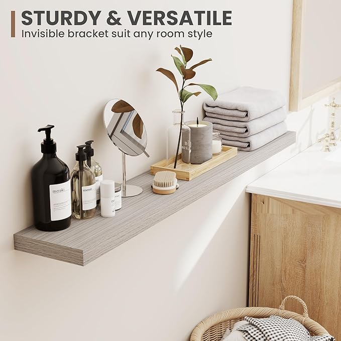 30 Inch Floating Shelves, 8 Inch Deep Floating Shelves for Wall, Hanging Shelf with Invisible Brackets, Deep Shelves for Bathroom, Bedroom, Living Room, Grey, Set of 2