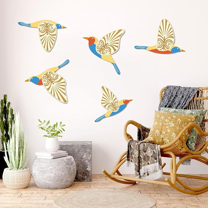 KOYILTD 5 Piece Bird Wood Wall Sculptures Wooden Wall Art Decor Scandinavian Home Decorations Flying Bird Wall Decor Farmhouse Wall Art for Home Living Room Bathroom Dining Room (Multicolor)