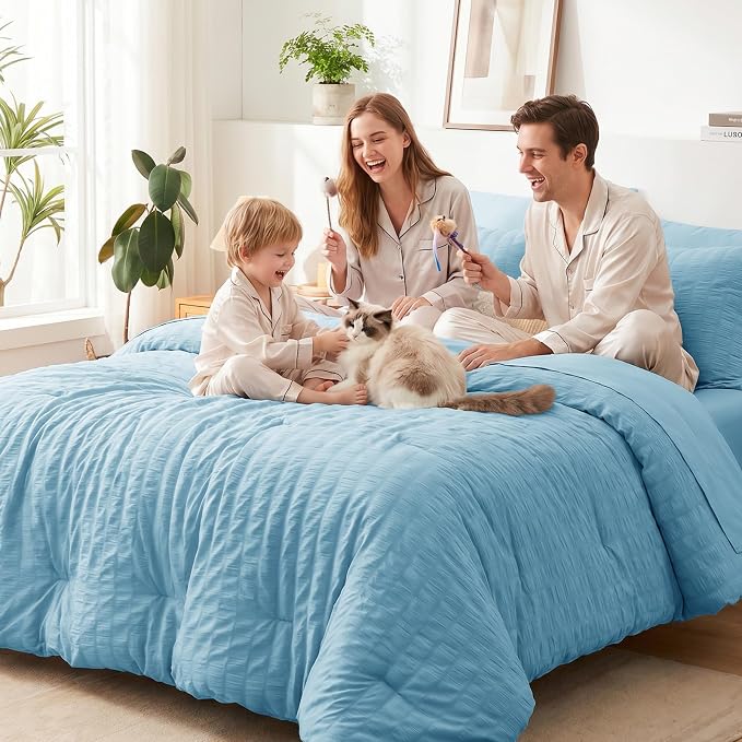 CozyLux Full Size Comforter Sets Sky Blue, 7 Pieces Seersucker Textured Luxury Bed in a Bag, All Seasons Soft Bedding Sets with Down Alternative Comforter, Sheets, Pillowcases & Shams, Home Gift