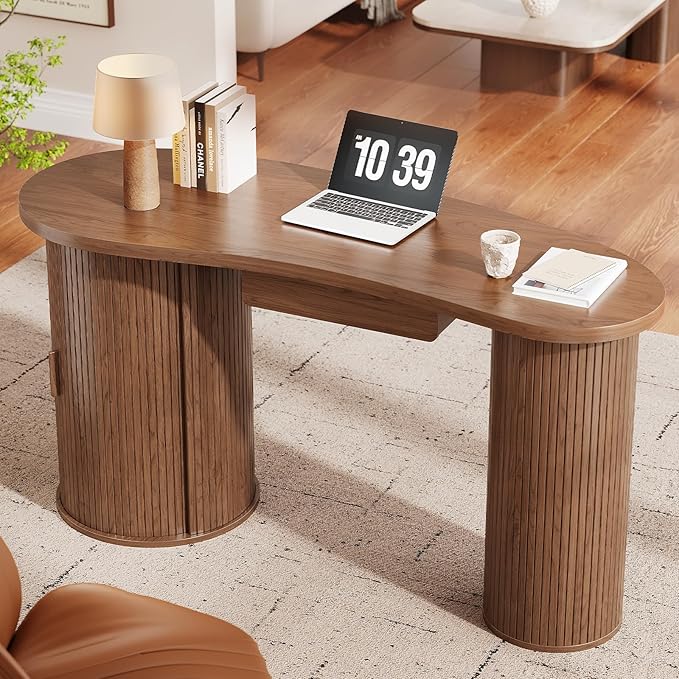 ONBRILL 59 Inches Fluted Office Desk with Storage, Bean-Shaped Computer Desk with Drawer, Mid-Century Modern Curved Corner Desk with Sliding Door for Work and Study,Walnut