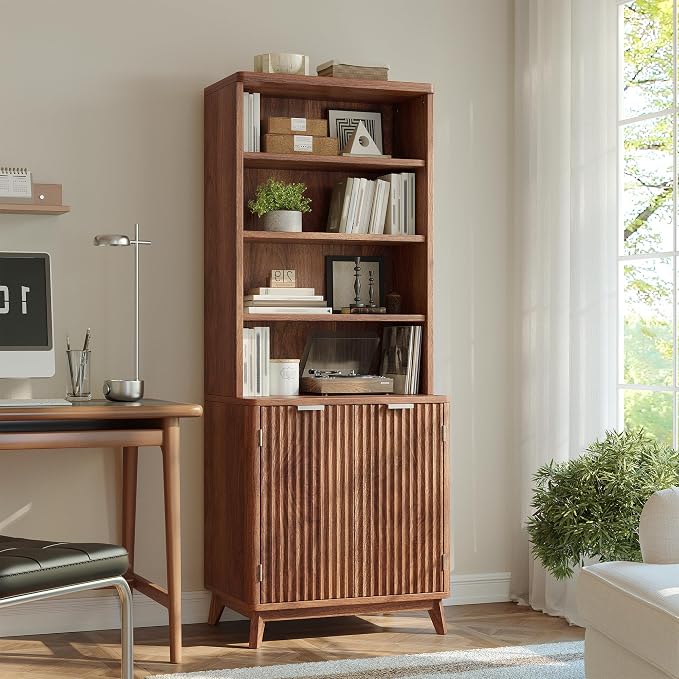 DurayLoly 6-Tier Bookshelf, Modern Bookcase with Fluted Doors & Adjustable Shelves, Mid-Century Cabinet, Wooden Book Shelf for Home Office, Living Room, Kitchen, Walnut