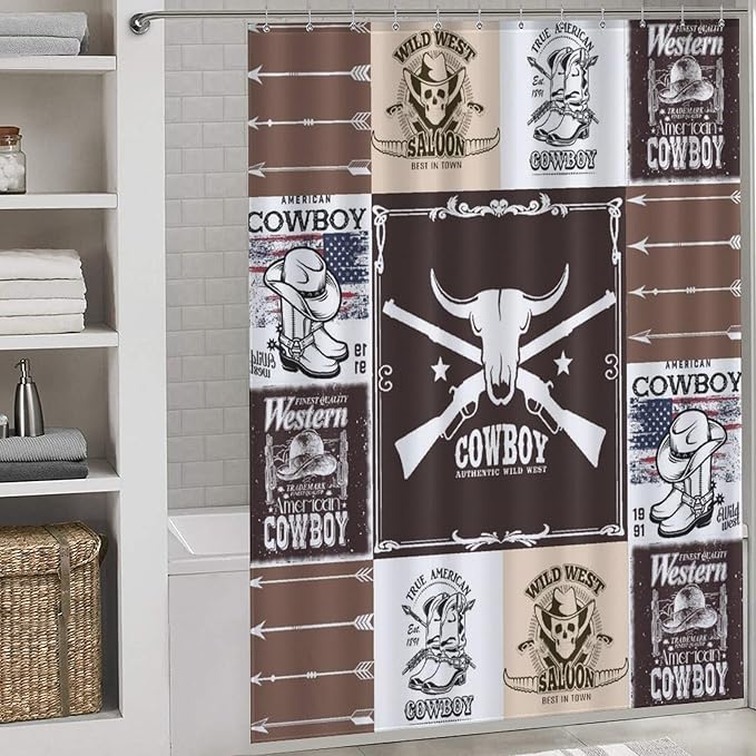 Vintage Cowboy Western Country Shower Curtain,Bull Head Boots Arrow Patchwork Design Waterproof Shower Curtains for Bathroom Decor 12 Pack Hooks 66x72in（168x183cm）