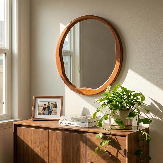 Round Walnut Mirror 24 Inch, Asymmetrical Wavy Inner Edge Wall Mirror for Bathroom Vanity, Bedroom, Solid Wood Irregular Retro Decor