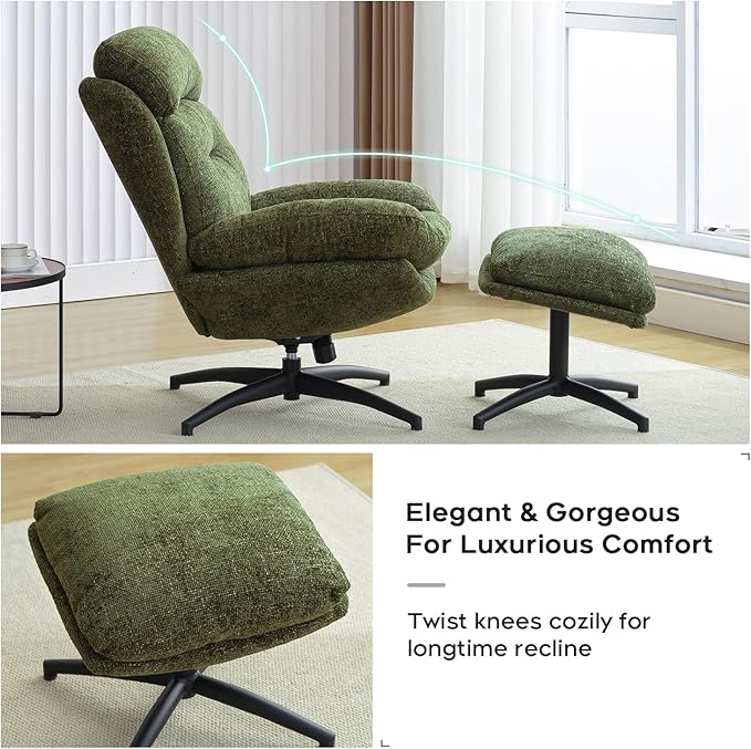 Swivel Accent Chair with Ottoman Set for Living Room, Chenille Comfy Reading Chair with High Back, TV Lounge Chair with 360 Degree Swiveling, Tilting for Bedroom, Modern Armchair with Footrest, Green