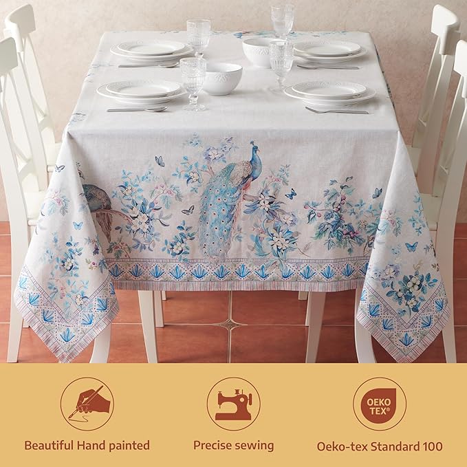 Maison d' Hermine Premium Table Cloth Rectangle Table 100% Combed Cotton 120 x 70 Inches Tablecloth Reusable Decorative for Dining Room, Farmhouse, Party, Festive & Wedding - Peacock Utopia - Orginal