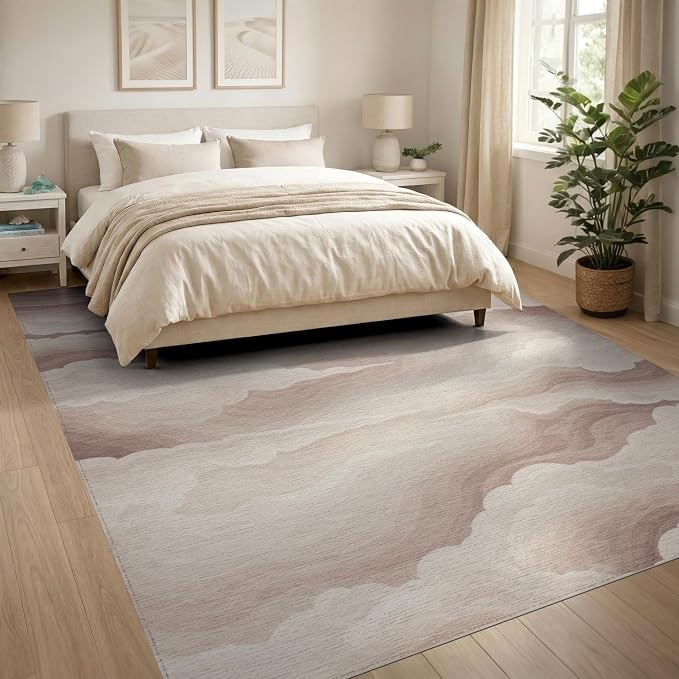 8'x10' Washable Modern Wave Area Rug, Cream Foldable Oversized Carpet for Living Room, Under Sectional, Family Room, Non-Slip Flatwoven Floor Covering | Ref:2208258