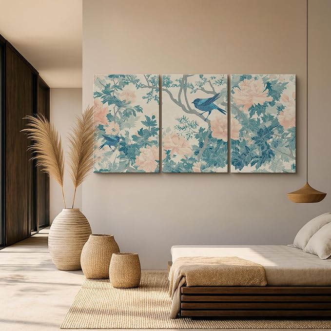 wall26 Canvas Print Wall Art Set Elegant Blue Bird and Peony Floral Pattern Decorative Minimal Relax/Zen for Living Room, Bedroom, Office - 24"x36" x 3