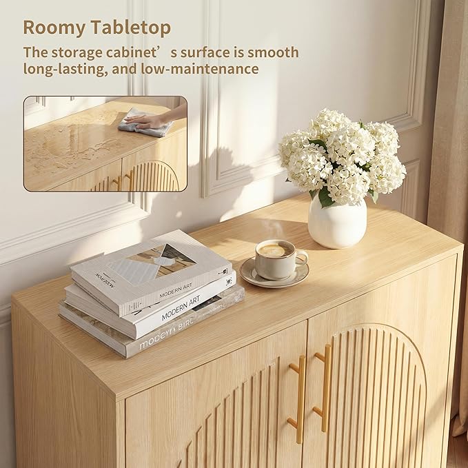 Fluted Sideboard Buffet Cabinet with Storage, Arched Doors & Adjustable Shelves, Modern Accent Credenza, Anti-Tip Console Cabinet for Living Room, Entryway, Hallway & Kitchen,Natural Oak