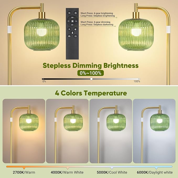 QiMH Glass Floor Lamp for Living Room, Modern Standing Lamp with Green Ribbed Glass Lampshade, Remote Control & Adjustable Height, 65” - 70”Tall Lamp for Bedroom Study Room, Brushed Gold