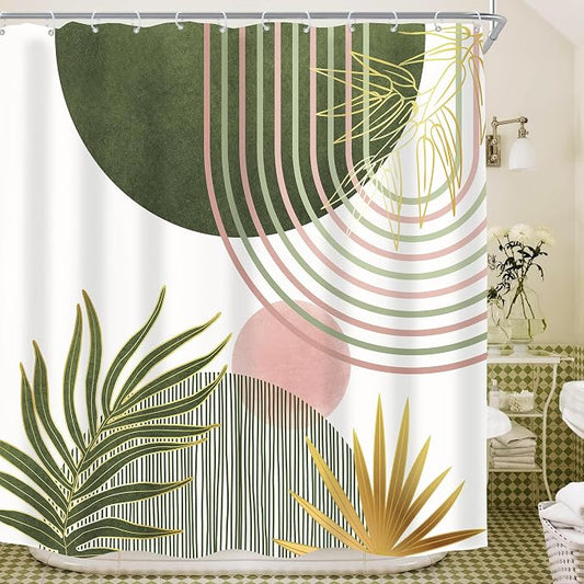 KOMLLEX Mid Century Sage Green Pink Boho Shower Curtain 72Wx72L Inches Abstract Modern Shower Curtains for Bathroom Plant Botanical Minimalist Arch Sun Fabric Liner Waterproof Polyester 12 Pack Hooks