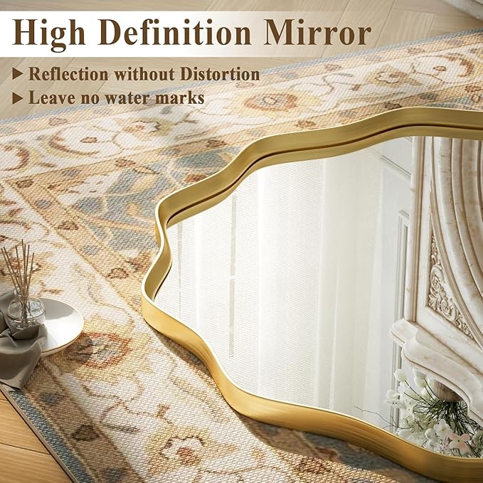 VooBang Gold Scalloped Large Circle Mirror, 42" Wavy Edge Round Wall Mirror with Tempered Glass Textured Circular Metal Deep Frame, Hanging Leaning for Bathroom, Hallway, Entryway, Livng Room