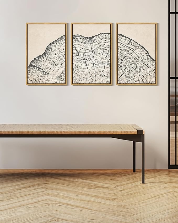 KUVIOKE Framed Tree Rings Wood Wall Art Modern Retro Beige Wood Stump Wall Decor Nature Abstract Art Print for Living Room Bedroom 16x24in (Natural Framed)
