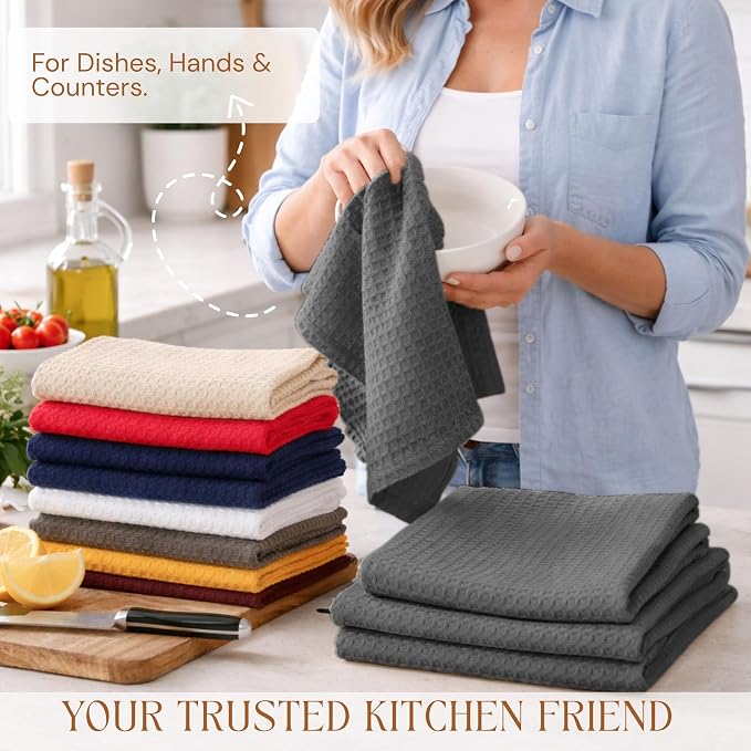 Gray Kitchen Towels – Waffle Weave, 100% Cotton, Soft & Absorbent, Fast Dry, Durable, 16x26 Inches, Perfect for Dish Drying, Bar, Cleaning, and Everyday Use, Set of 12, Grey
