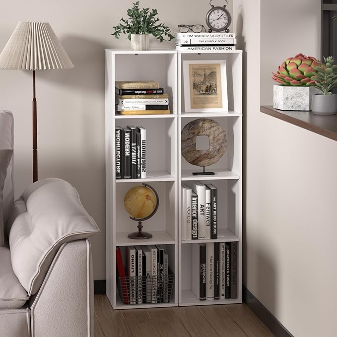 4 Cube Storage Organizer, 4 Tier Cube Low Bookcase Freestanding Storage Display Organizer, Four-Cubes Open Shelf Bookshelf for Home Office (White, 4-Cube)
