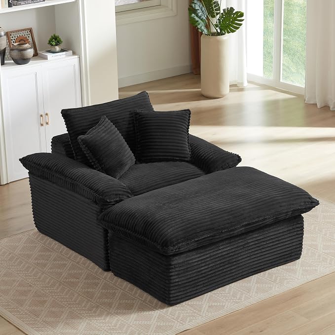 52" Boneless Chaise Lounge – Oversized Chaise Lounge Chair Indoor with Ottoman, Cup Holder & 3 Pillows, Corduroy 3-in-1 Floor Sleeper Chair Bed for Adults, Reading, Napping,Black | Breathable Material