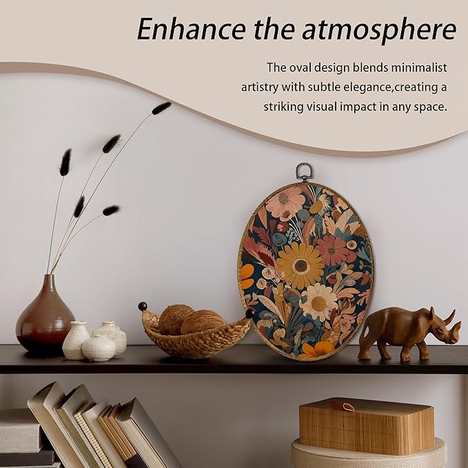 AEHIE Vintage Boho Floral Oval Wall Art Decor, Retro Maximalist Floral Botanical Canvas Artwork Framed, Mid Century Modern Flower Oval Wall Art for Home Bedroom Living Room Decor, 11x8.5 Inches