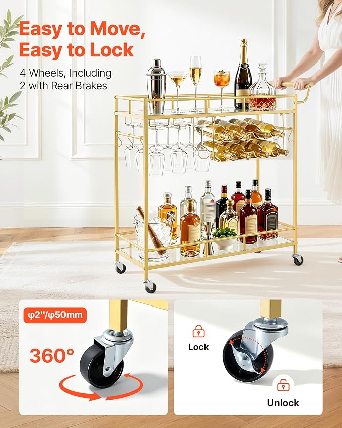 VEVOR Bar Cart, 2 Tiers Home Kitchen Serving Carts, Modern Rolling Utility Station on Wheels, Drink Beverage Trolley with Mirrored Glass Shelves, Wine Rack, Glass Holder, for Living Dining Room, Gold