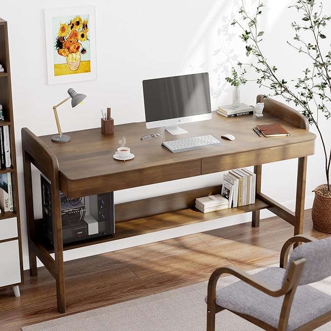 100% Solid Wood Desk with Drawers - 48 Inch Mid Century Modern Desk, Vintage Desks with Storage Shelf, Adjustable Height Writing Computer Desks with Cable Hole, Walnut Color