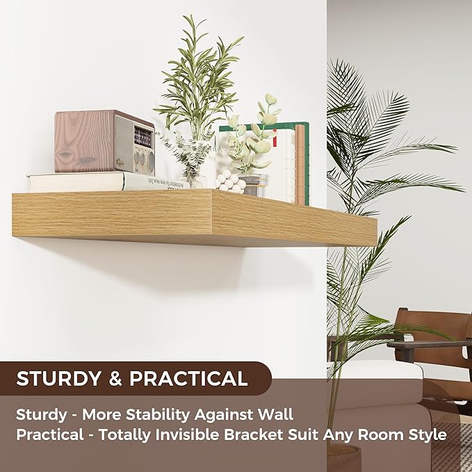 Floating Shelves for Wall, 40" W x 12" D x 2" H, 1 Pack of Long Wall Mounted Engineered Wood Shelves with Invisible Brackets for Living Room, Bedroom, Bathroom, Kitchen Decor, Oak