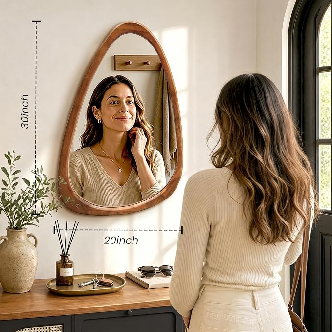 Asymmetrical Mirror, 30"x20" Unique Irregular Wall Mirror, Wood Mid Century Modern Mirror Decor for Bathroom Bedroom Living Room Entryway Hallway (Natural Wood)