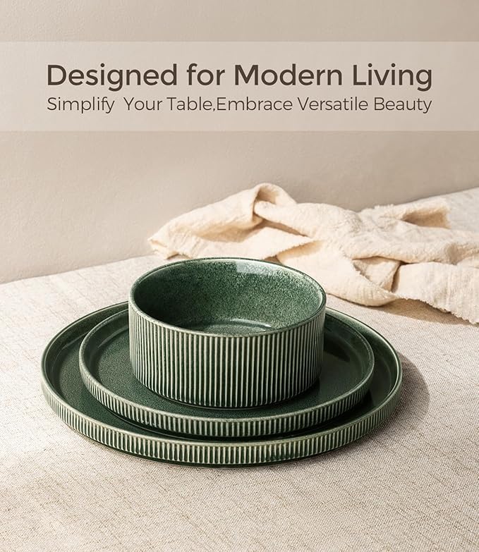 GBHOME 12-Piece Stoneware Dinnerware Set for 4 – Ribbed Ceramic Plates and Bowls, Scratch-Resistant, Microwave & Dishwasher Safe, Reactive Glaze, Dark Green