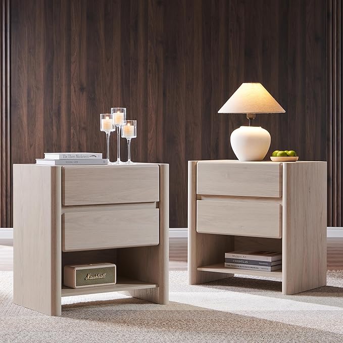 25" Tall Modern Nightstand Set of 2, 23.6" W Nightstand with Charging Station & 2 Storage Drawers & Open Shelf, Wood Night Stand w/Rounded Corner Design for Bedroom, Living Room (Cream)
