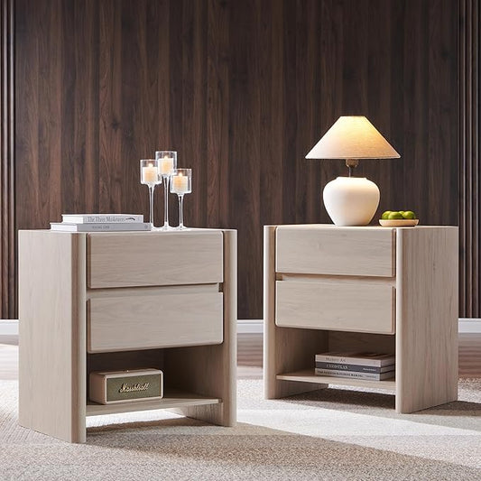 25" Tall Modern Nightstand Set of 2, 23.6" W Nightstand with Charging Station & 2 Storage Drawers & Open Shelf, Wood Night Stand w/Rounded Corner Design for Bedroom, Living Room (Cream)