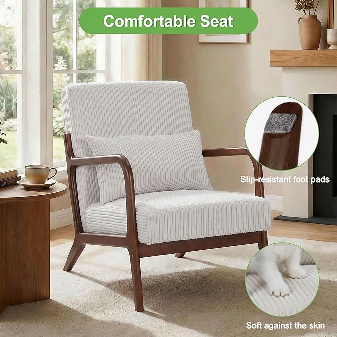 Mid Century Modern Accent Chair with Solid Rubberwood Frame, Comfy Corduroy Reading Armchair with Lumbar Pillow, Compact Lounge Chair for Bedroom, Living Room & Small Spaces