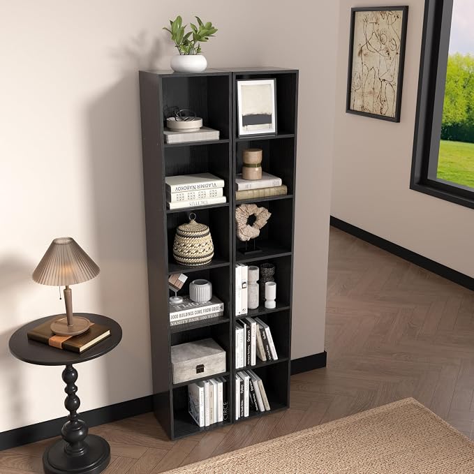 6-Tier Wooden Cube Storage Organizer, 62 Inch Tall Bookcase & Display Shelf with 6 Open Cubes, Freestanding DIY Closet Shelving Unit for Living Room Bedroom Office (Black, 6 Cube-W(11.8inch)