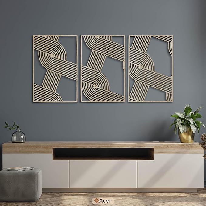 Minimalist Woven Wooden Wall Decor Set of 3, Abstract Large Overlapping Geometric Stripe Wood Wall Art, Mid-Century Modern Home Gift for Living Room and Bedroom