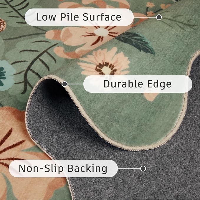 DCX Vintage Floral Rug 2x3, Washable Sage Green Rug for Living Room, Kid & Pet Friendly with Rubber Back Non Slip, Soft Low Pile Carpet, Stain Resistant Rug for Kitchen, Bedroom, Laundry, Bathroom