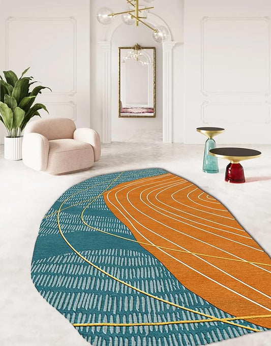 Teal Blue Orange Geometric Lines Abstract Irregular Rug 2x3 Mid Century Modern Washable Carpet for Living Room Bedroom Diningroom Durable Big Area Rug Boho Art Laundry Bathroom Kitchen Non Skid Mat