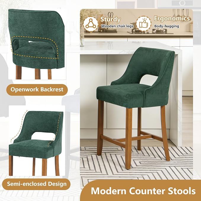 ClinQ Bar Stools Set of 1, 26" H Counter Height Bar Stools with Backs, Modern Upholstered Accent Barstools with H-Shaped Footrest for Kitchen Island, Dining Room and Bar, Green-Walnut Legs