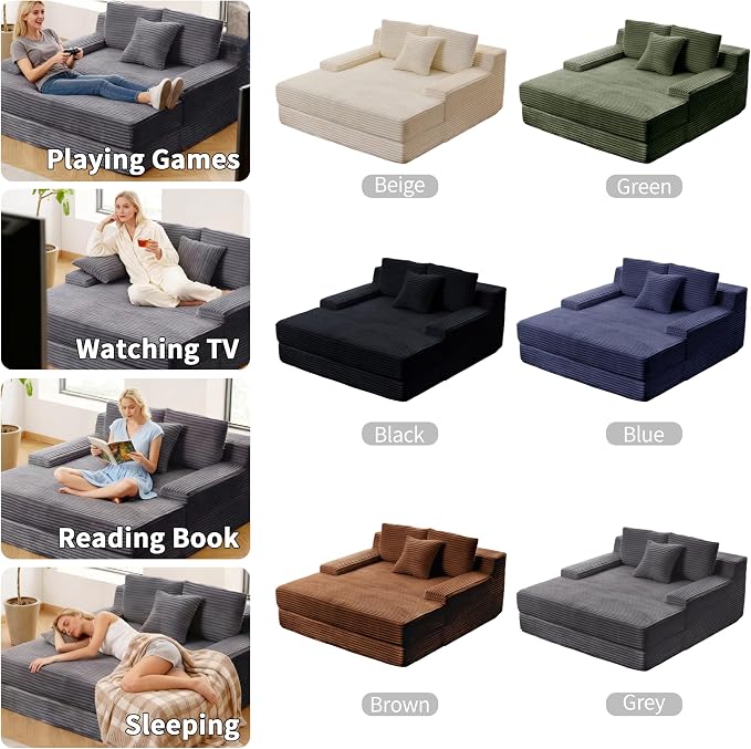 Boneless Chaise Lounge Chair Indoor, 59" W x 65" D Oversized Floor Cloud Sofa Bed, Premium Corduroy Fabric & Full 30D Memory Foam, Boneless Couch for Living Room, No Assembly Required,Grey