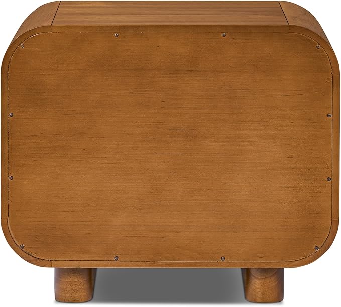 Poly & BARK Oslo 22” Nightstand – Mid-Century Modern Bedside Table with Soft-Close Drawers, Solid and Veneered Acacia Wood Construction, Brass Handles, Light Brown Finish