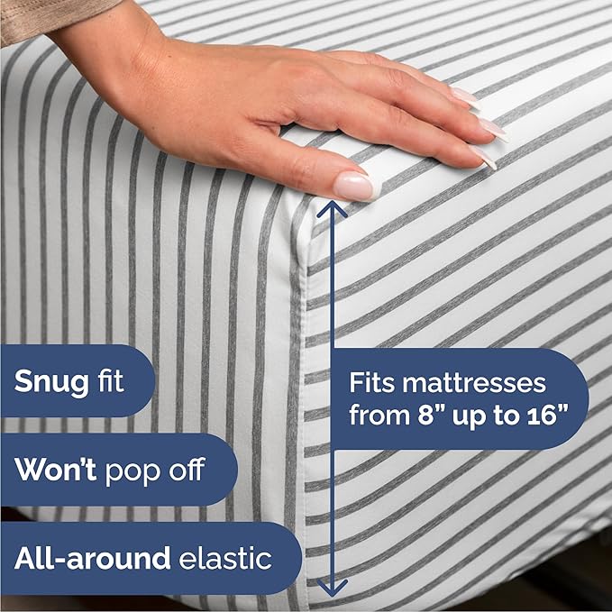 Cal King Size 4 Piece Sheet Set - Comfy Breathable & Cooling Sheets - Hotel Luxury Bed Sheets for Women & Men - Deep Pockets, Easy-Fit, Soft & Wrinkle Free Sheets - Grey Stripes Oeko-Tex Bed Sheet Set
