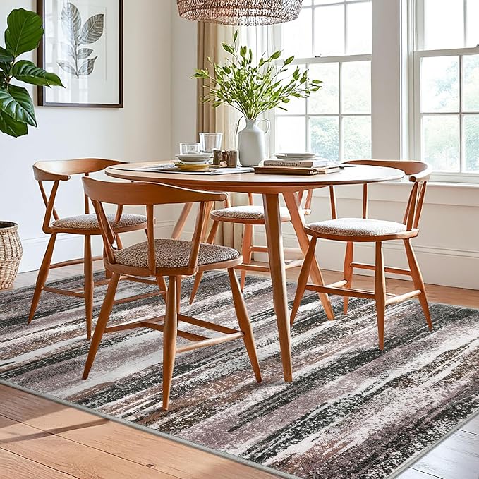 Lansny Modern Abstract 6x9 Machine Washable Living Room Rug Non-Slip Soft Bedroom Area Rug Dark Light Brown White Ultra Thin Print Faux Wool Floor Carpet Throw Rugs for Dining Room Indoor Office